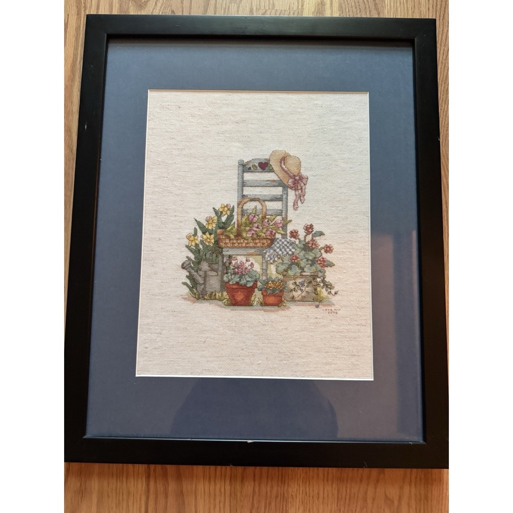 Framed Completed Counted Cross Stitch Art Garden Chair Flowers Cottagecore 18x22